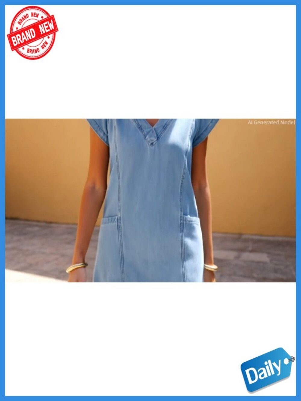 Women's Denim Mini Dress V-Neck Short Sleeve A-Line with Pockets - Picture 5 of 5